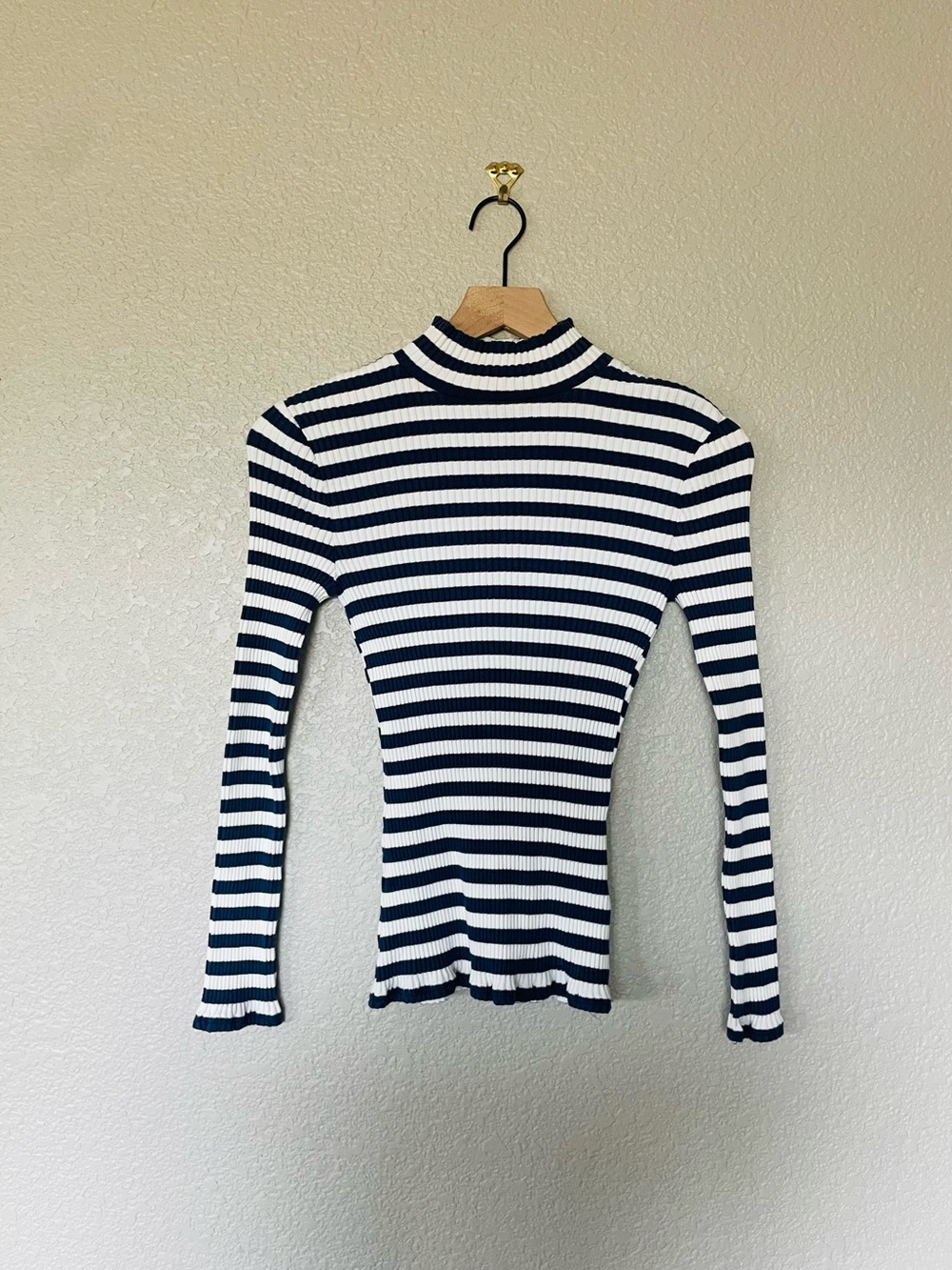 Veronica Beard Navy & White Stripe Ribbed Mockneck Top